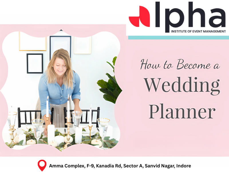 A professional woman setting up an elegant wedding table arrangement, representing a Wedding Planner in Indore at Alpha Institute of Event Management.