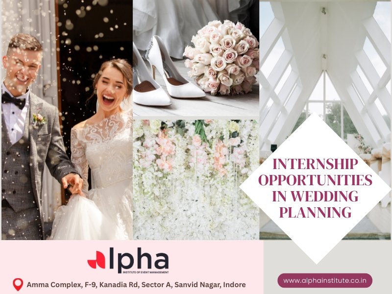 Bride and groom celebrating with flower petals, wedding shoes, bouquet, and elegant décor – Internship Opportunities in Wedding Planning in Indore with Alpha Institute of Event Management.