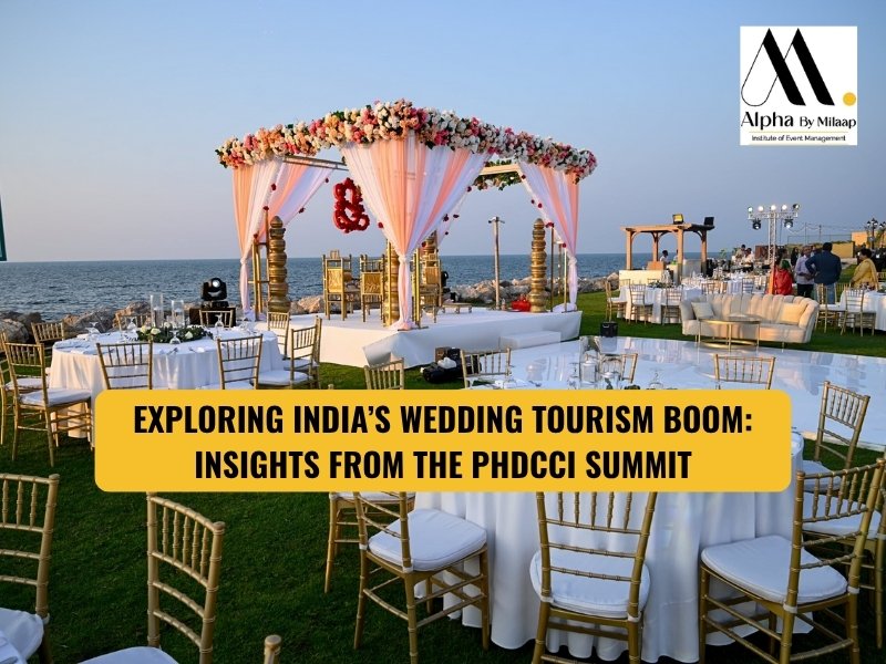Elegant outdoor beachside wedding setup with round tables, gold chairs, and floral mandap, promoting tourism and wedding venues in Indore.